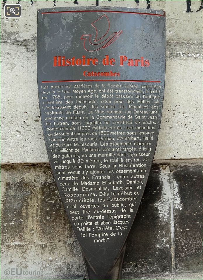 Paris Catacombs tourist info board