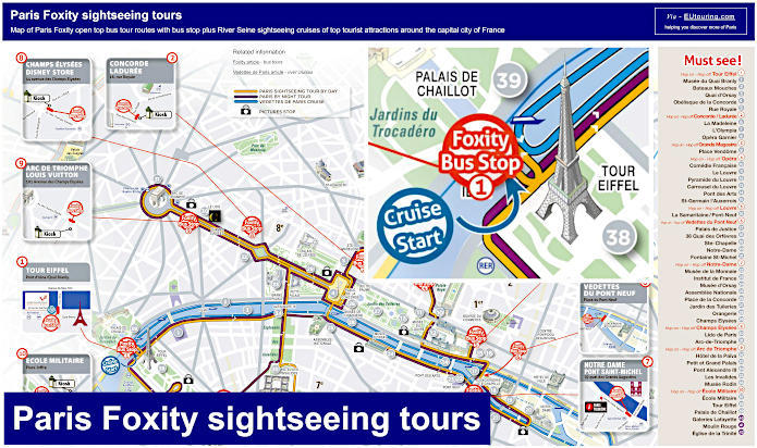 Paris Foxity bus tours map and cruises