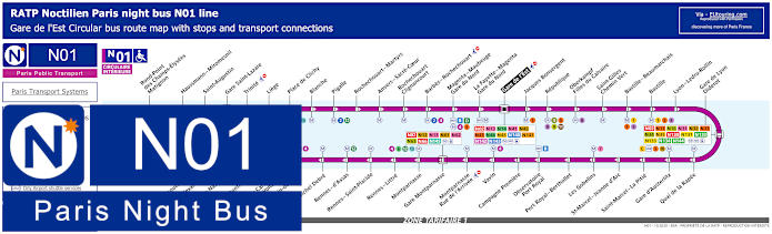 Paris Noctilien night bus line N01 map with stops and connections