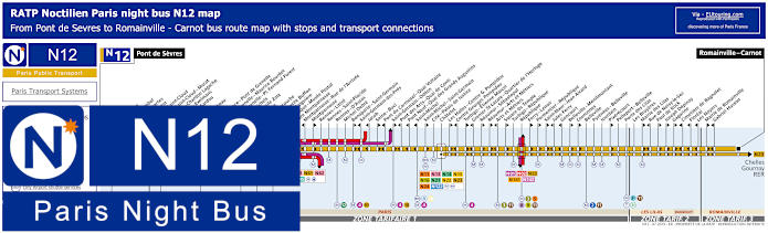 Paris Noctilien night bus line N12 map with stops and connections