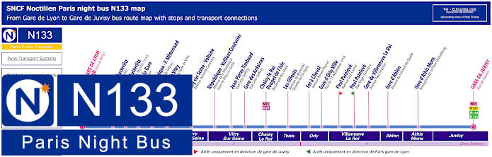 Paris Noctilien night bus line N133 map with stops and connections