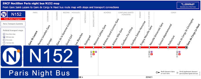 Paris Noctilien night bus line N152 map with stops and connections