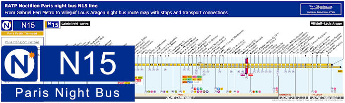 Paris Noctilien night bus line N15 map with stops and connections