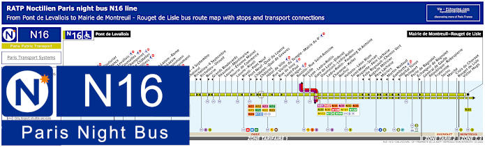 Paris Noctilien night bus line N16 map with stops and connections