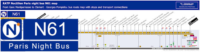 Paris Noctilien night bus line N61 map with stops and connections