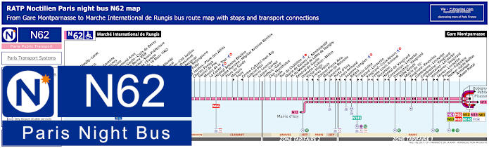 Paris Noctilien night bus line N62 map with stops and connections