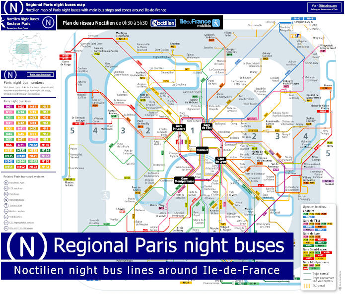Noctilien Paris night buses map for Ile-de-France
