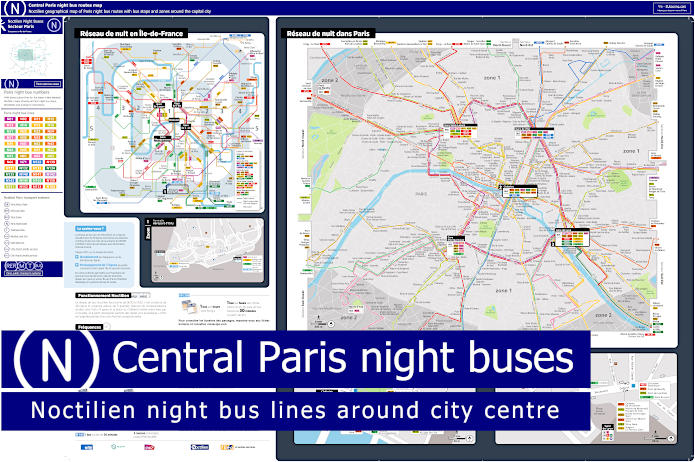 Central Paris night bus routes with stops and street plan