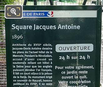 Square Jacques Antoine tourist info board with history 