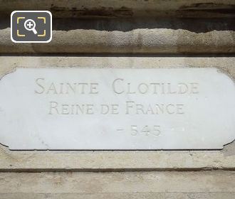 Name inscription on Sainte Clotilde statue