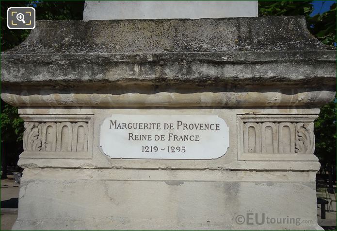 Name plaque on statue of Marguerite de Provence pedestal