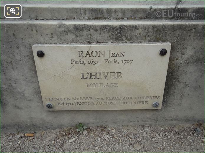 Information plaque on L'Hiver statue in Jardin des Tuileries