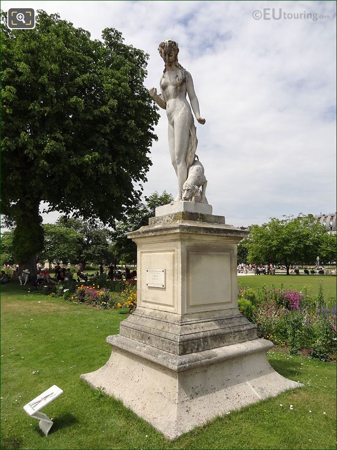 The Nymphe statue on its stone pedestal