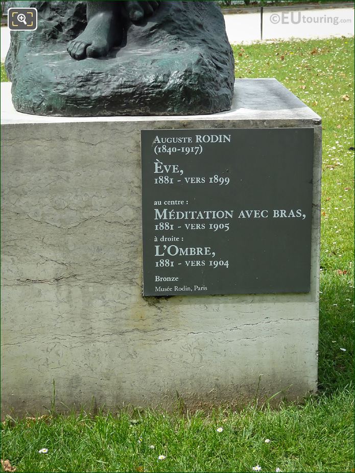 Information plaque on bronze Eve statue by Rodin