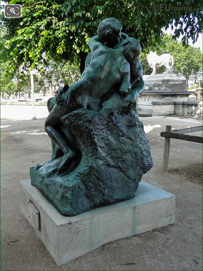 Left side of The Kiss statue on terrace in Jardin des Tuileries