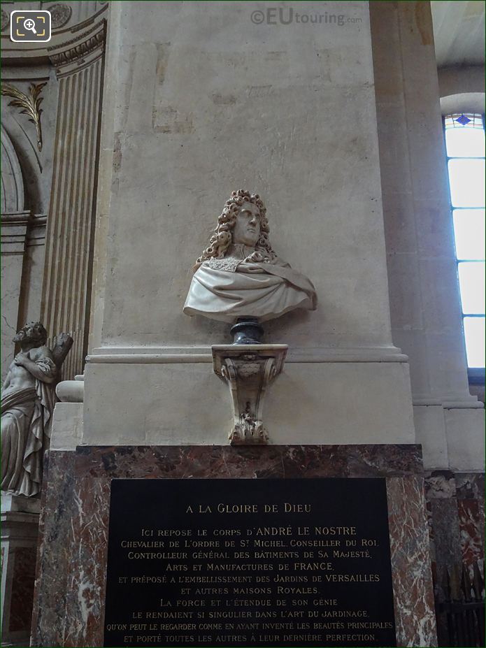 Eglise Saint-Roch column with Andre Le Notre monument bust and plaque
