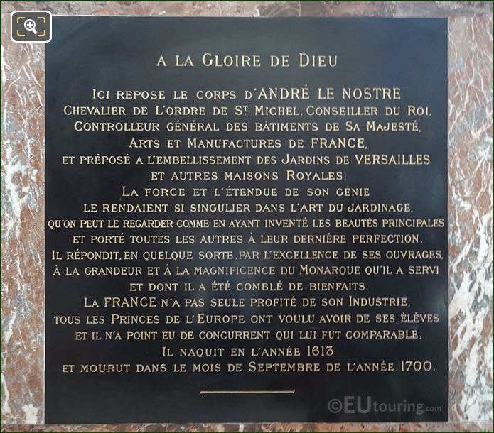 Funeral Epitaph plaque under Andre Le Notre bust statue