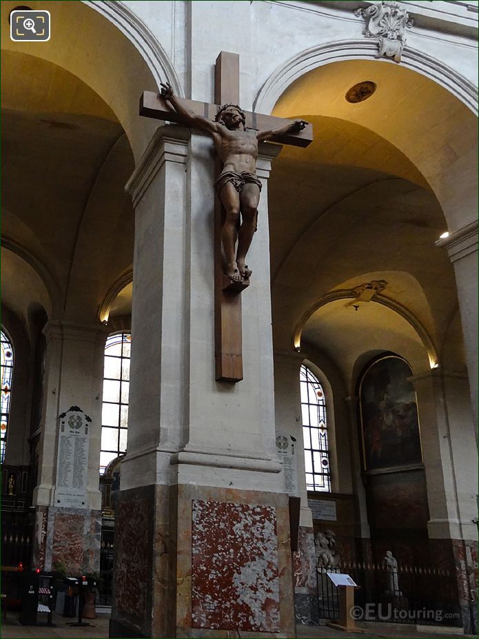 Christ on the Cross sculpture on nave column in Eglise Saint-Roch