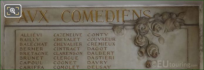Comedians names inscribed on Monument to Aux Comediens Morts Pour La France