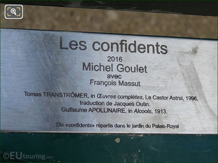 Tourist information plaque on Les Confidents chairs at Palais Royal