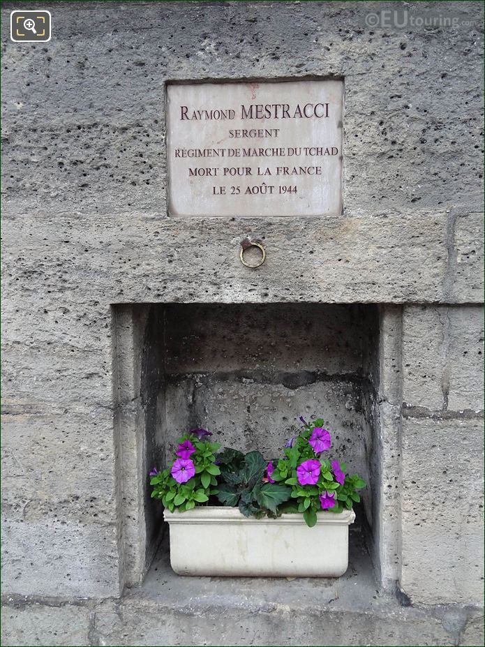 WWII Memorial for Raymond Mestracci on Tuileries Gardens wall