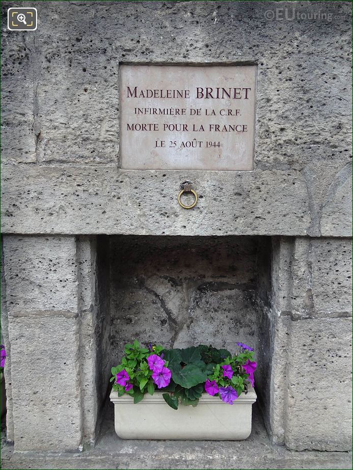 WW II Memorial for Madeleine Brinet on Jardin des Tuileries wall