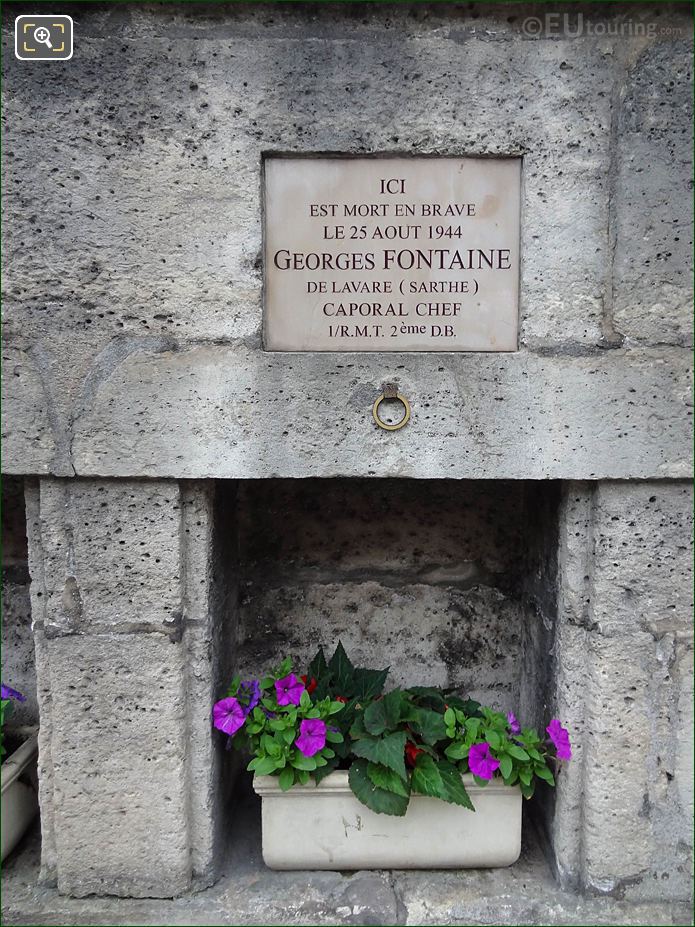 WW II Memorial plaque for Geroges Fontaine, outer NW wall Tuileries Gardens
