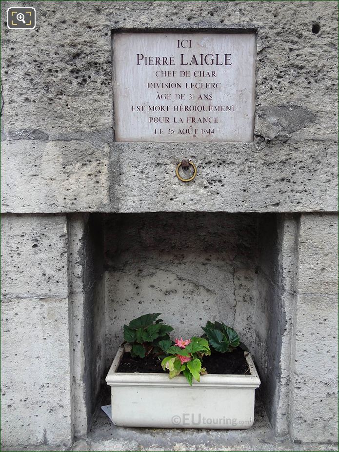 Pierre Laigle WW II Memorial, NW wall of Tuileries Gardens