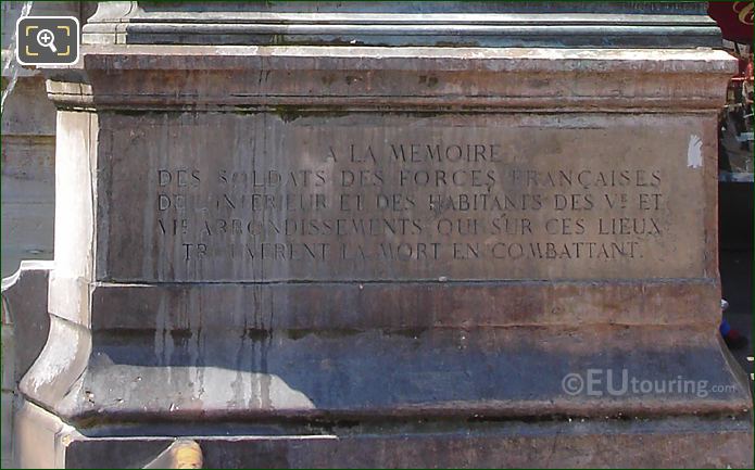Inscription on RHS Chimera statue Fontaine Saint-Michel