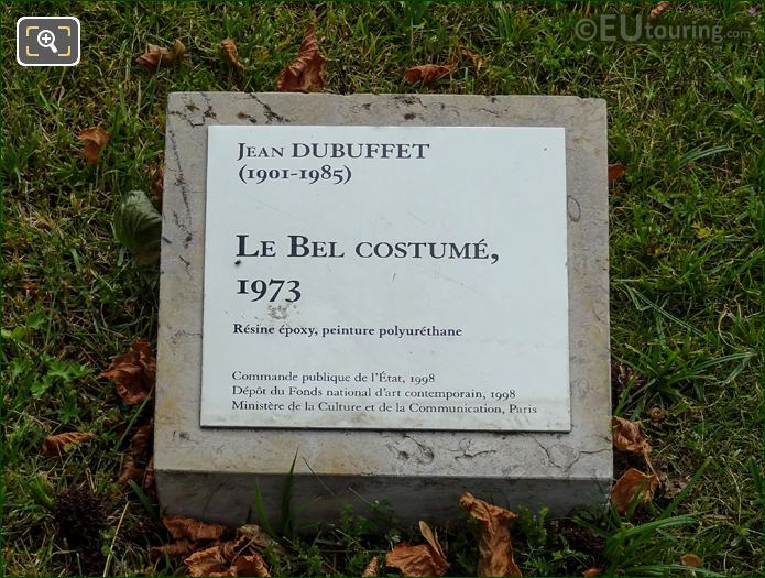 Information plaque for Le Bel Costume statue