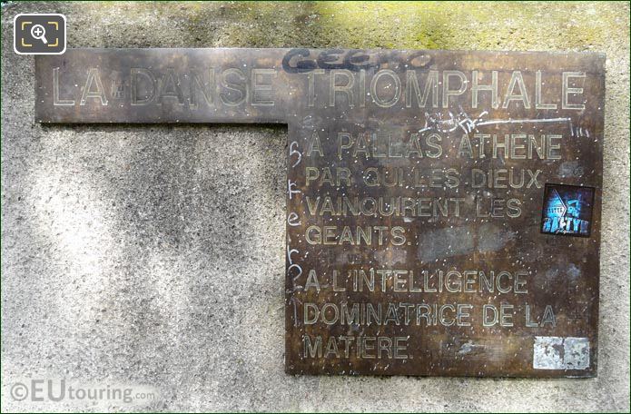 Info plaque La Danse Triomphale a Pallas Athene statue
