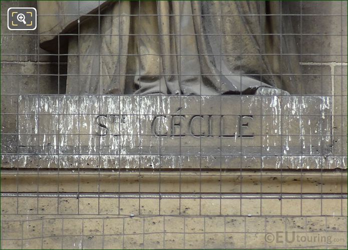 Sainte Cecile inscription on statue pedestal