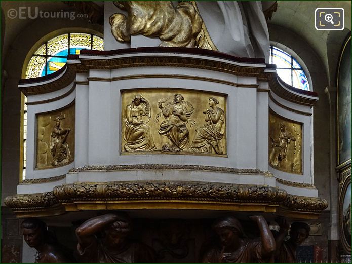 Gilded bas reliefs of virtues around pulpit in Eglise Saint-Roch