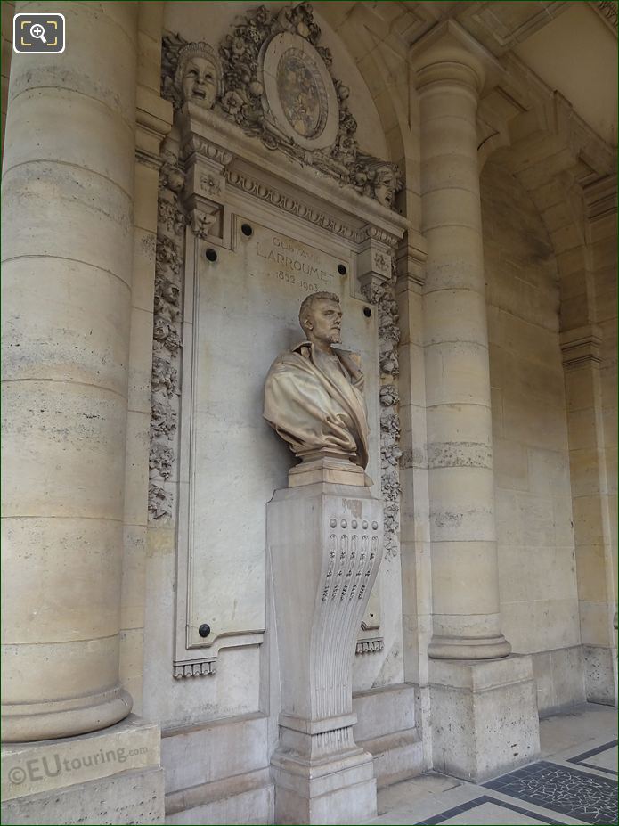 Right side of Gustave Larroumet marble bust and stone pedestal