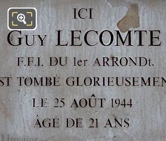 Guy Lecomte WW II Memorial plaque died in Liberation of Paris