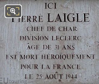WW II Memorial plaque in Paris for Pierre Laigle