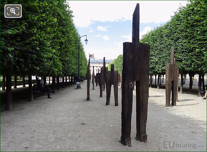 Railway sleepers of wooden contemporary art L'Homme Debout at Palais Royal