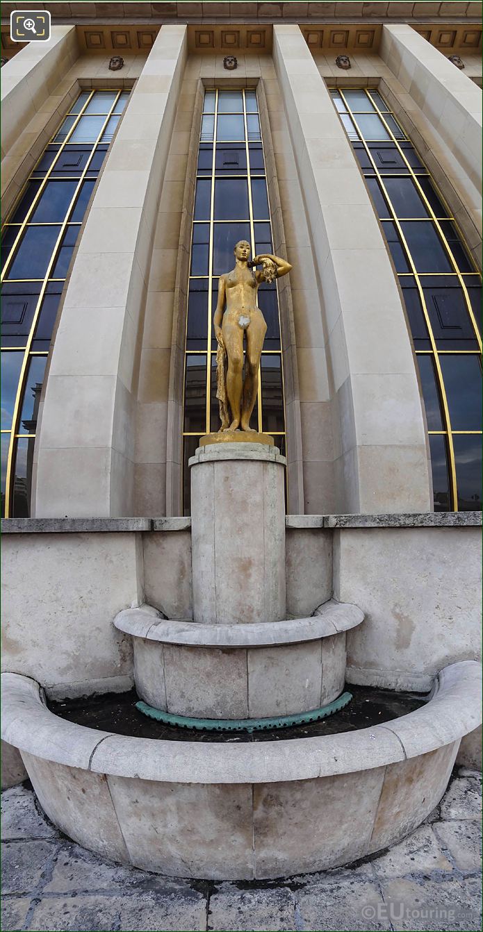 Panoramic of golden Le Matin statue Palais de Chaillot
