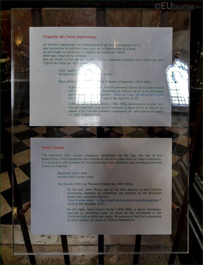 Tourist info board for La Fontaine Baptismale in Eglise Saint-Roch