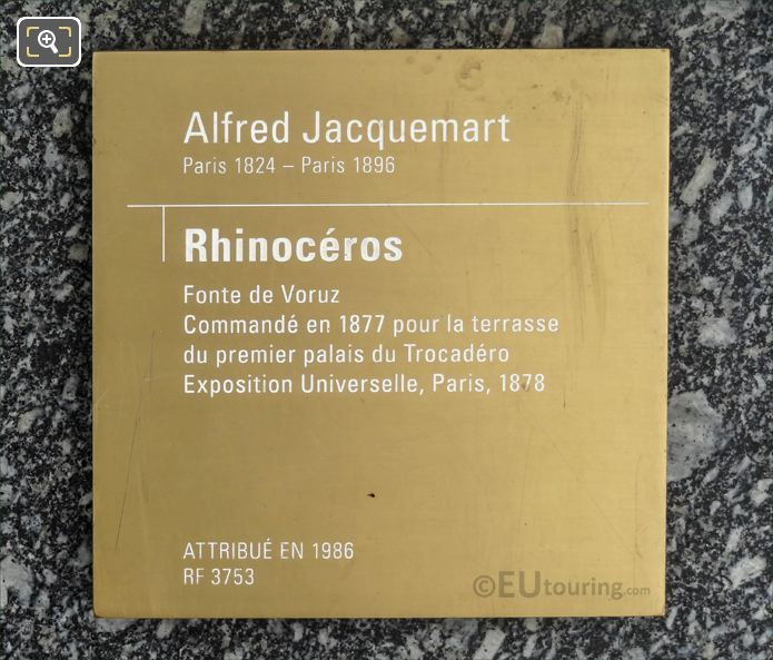 Tourist info plaque on Rhinoceros statue pedestal
