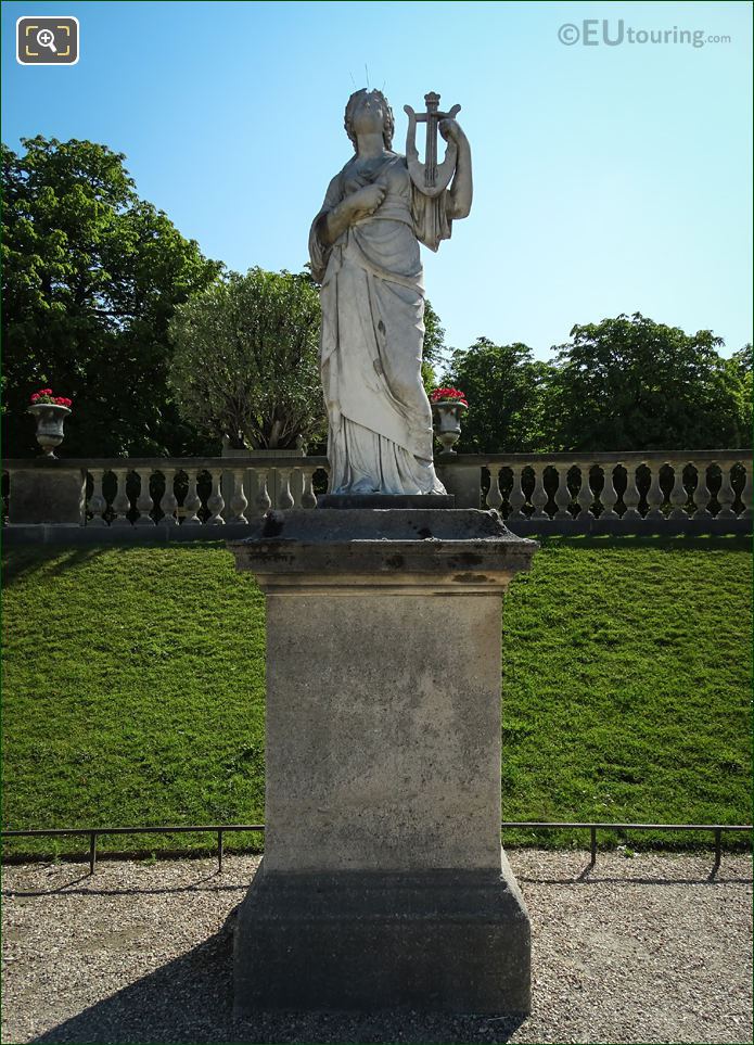 Front view of the marble statue of Calliope