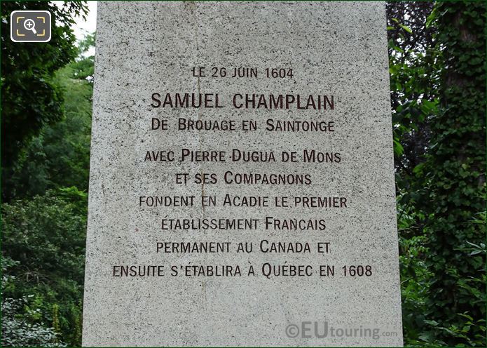 Inscription on Samuel Champlain monument in Paris