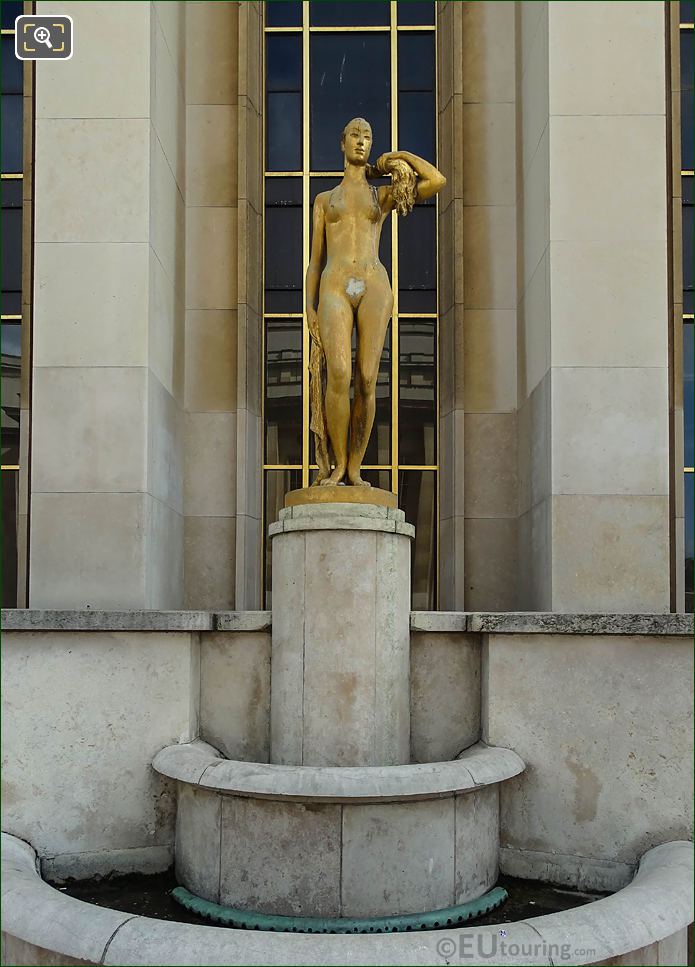 Front of golden Le Matin statue Palais Chaillot