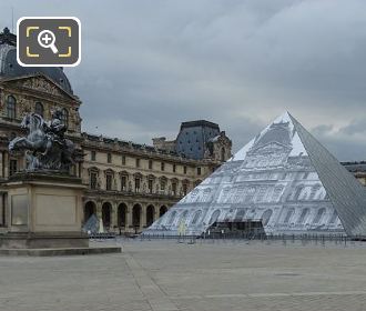 King Louis XIV equestrian statue with Louvre I M Pei Pyramid 2016