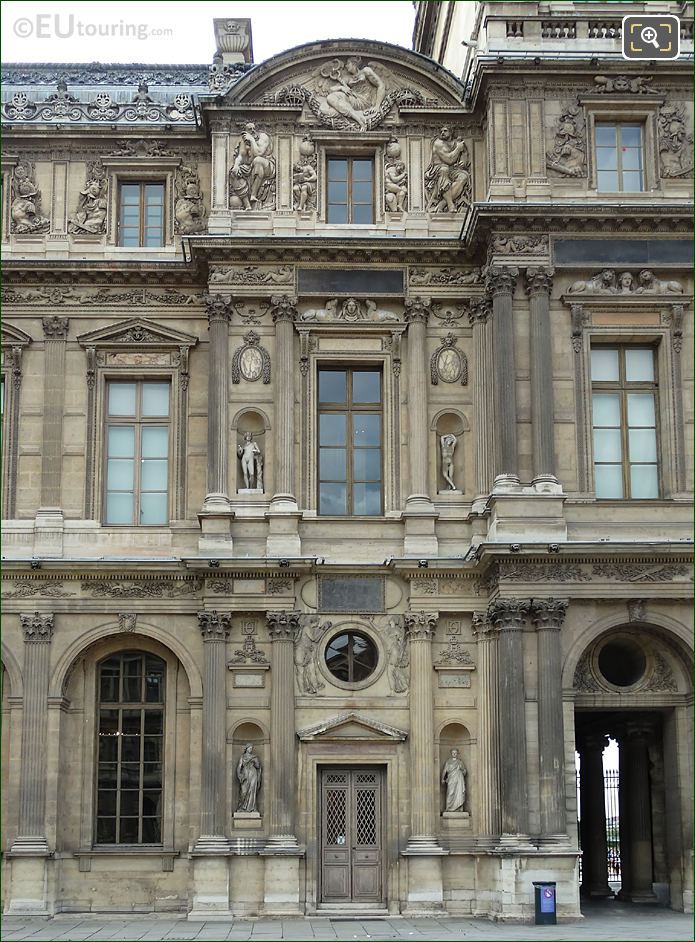 East facade Aile Lescot and Genie de l’Etude Ecrivant sculpture