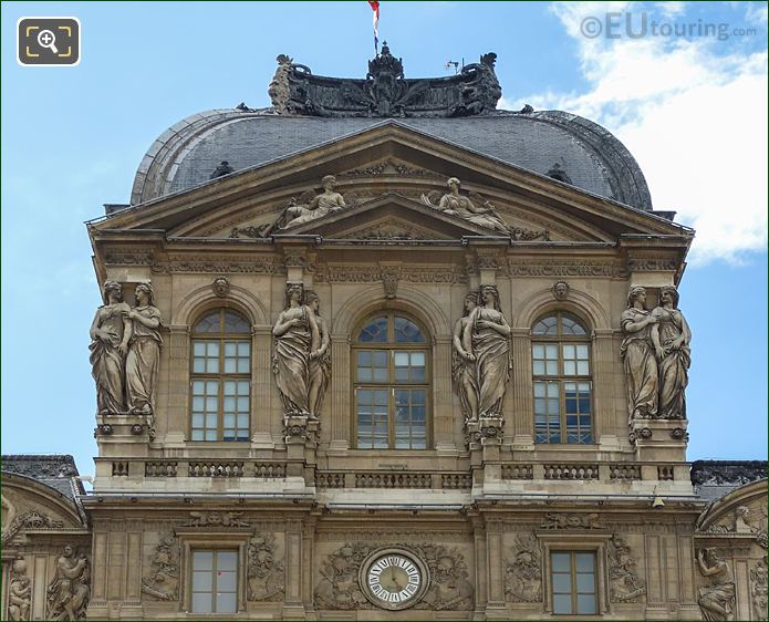 Top facade of Pavillon de l'Horloge with Caryatid sculptures