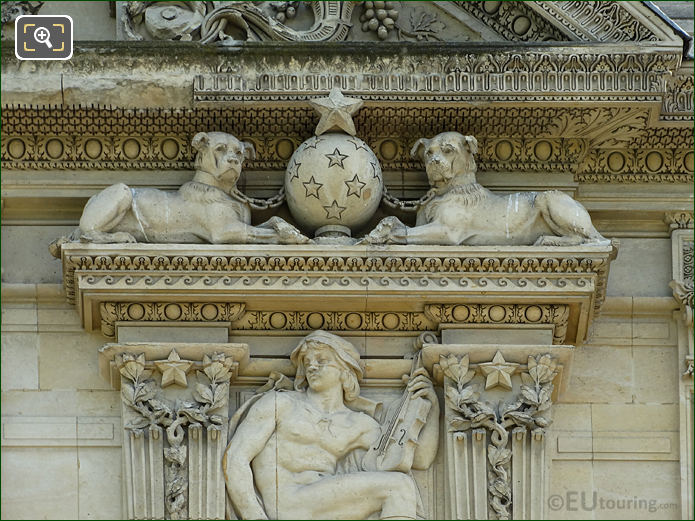 The Louvre Aile de Marsan facade with dog sculptures above relief