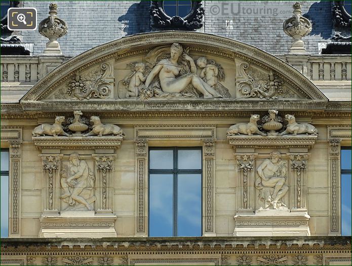 Sculptures around 4th window group on Aile de Marsan, Louvre, Paris