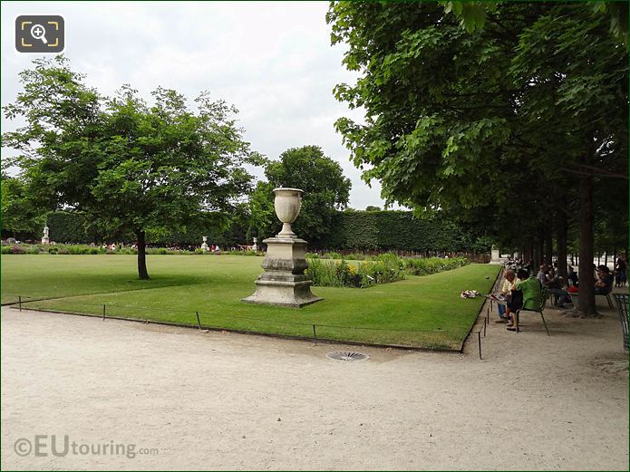 Carre De Fer Nord garden stone vase in Jardin des Tuileries looking SW