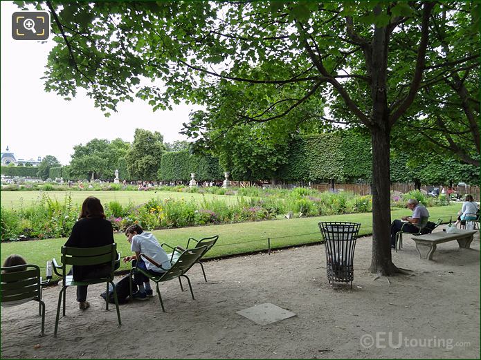 View from Allee des Feuillants over gardens in Jardin des Tuileries looking SW